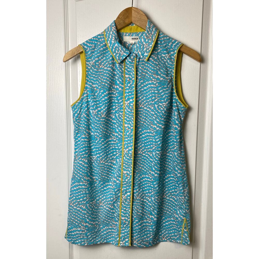 Brooklyn Industries Retro Blue Yellow Sleeveless Button Shirt Women's Size Small